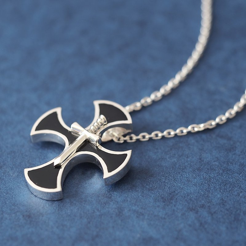 Sword Cross Men's Necklace Silver 925 - สร้อยคอ - โลหะ สีดำ