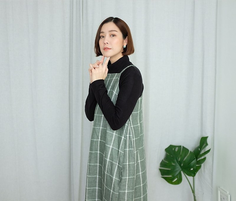 WHITEOAKFACTORY Lucy maxi dress with side pocket - Green grey (Free size) - 連身裙 - 棉．麻 灰色
