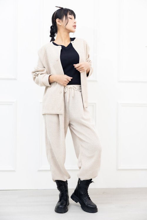 Meya 編縫編織 編織圓領牛角袖外套 杏色