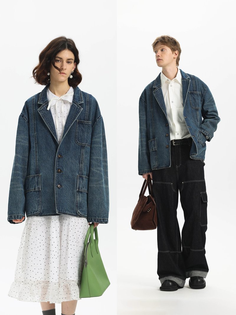 【重工洗水】25春夏Denim主義復古貓須牛仔西裝外套Unvesno(UN) - 男夾克/外套 - 其他材質 