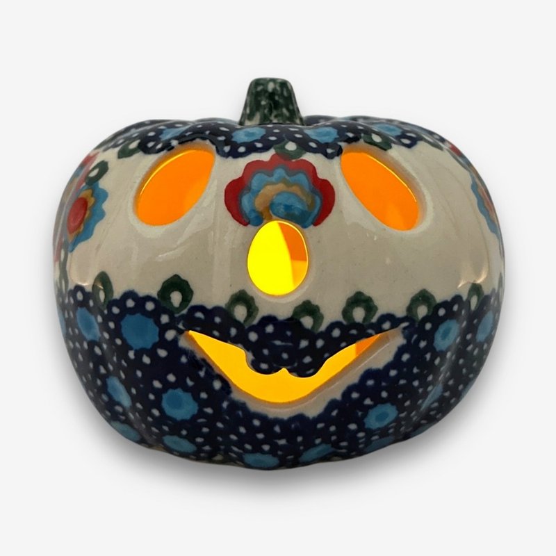 Polish hand-painted handmade pottery-pumpkin shaped candlestick lantern 7cm essential for Halloween - เทียน/เชิงเทียน - ดินเผา ขาว