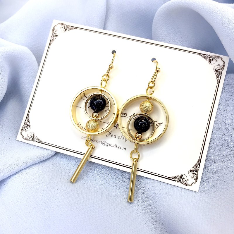 Little Spinning planet Goldstone Earrings with 18k dangle earrings - ต่างหู - คริสตัล สีทอง