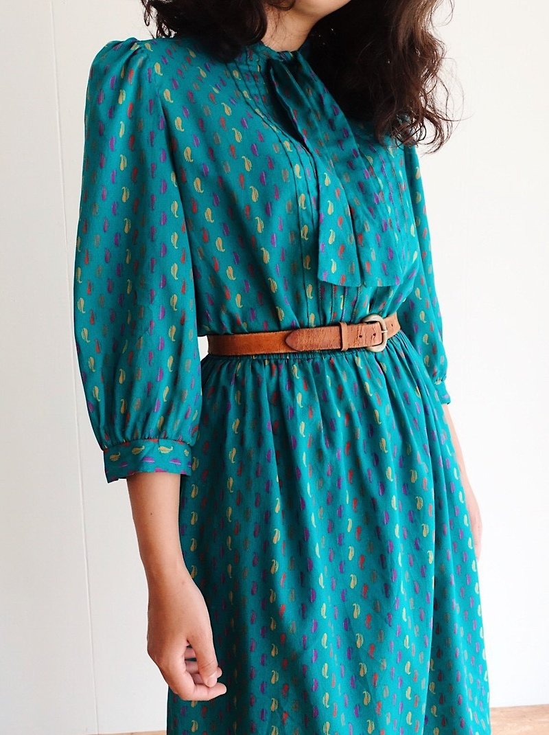 Vintage / Cropped Sleeve Dress no.57 tk - One Piece Dresses - Polyester Green