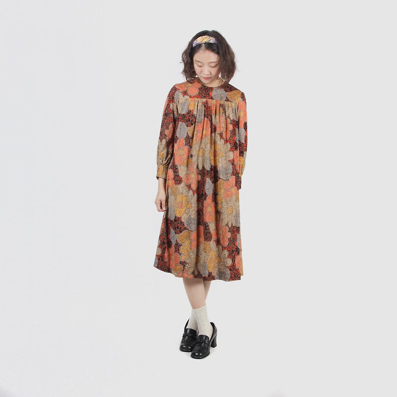 【蛋植物古著】大洋雛菊印花古著傘狀洋裝 - 連身裙 - 聚酯纖維 橘色