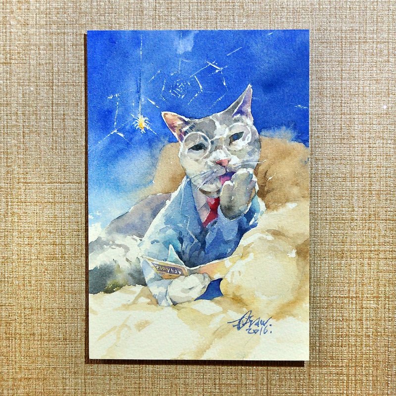 水彩画オリジナル絵画[盛猫] - ポスター・絵 - 紙 ブルー
