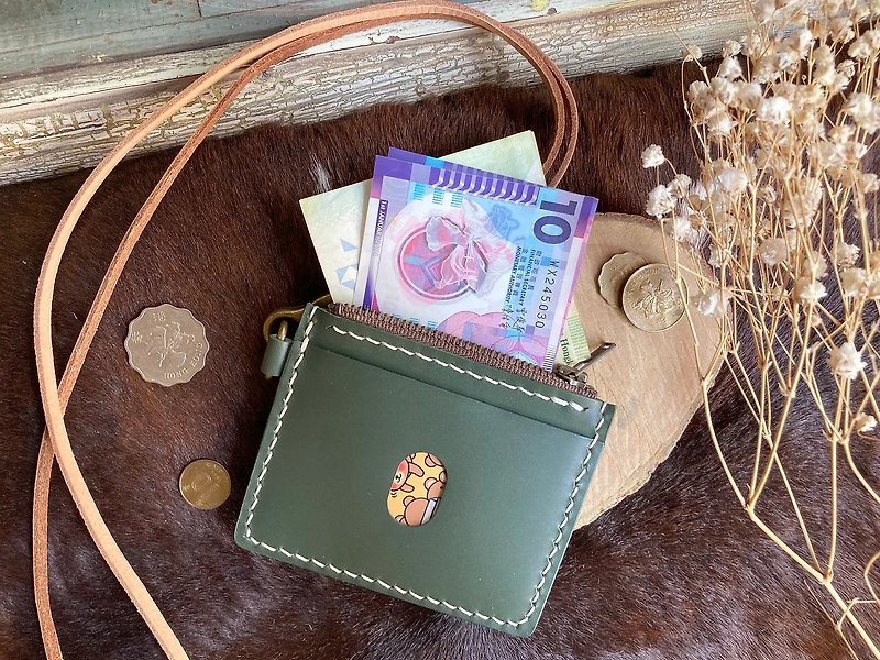 Card position zipper loose paper bag leather DIY material bag to sew and engrave coin purse Valentine's Day gift - Leather Goods - Genuine Leather Green
