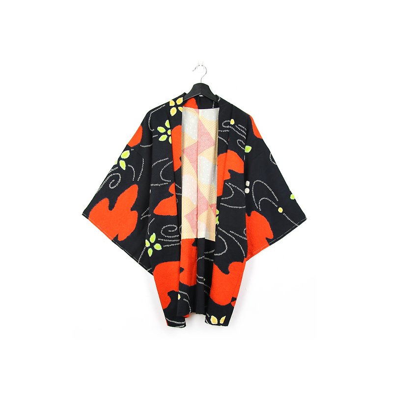 Back to Green-Japan brought back feather weaving sunny orange block /vintage kimono - เสื้อแจ็คเก็ต - ผ้าไหม 