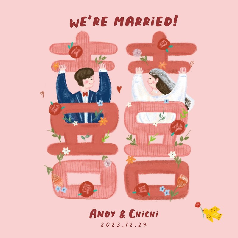 [Customized] My family has wedding cakes, thank you cards, cute illustrations, and 30 copies of the text behind the name and date printed on behalf of you - Wedding Invitations - Paper Red