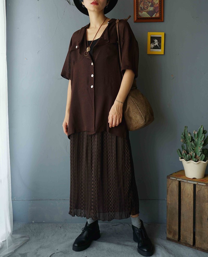 Treasure Hunt Vintage-Dark Brown Skinny Long Cardigan Shirt - เสื้อเชิ้ตผู้หญิง - เส้นใยสังเคราะห์ สีนำ้ตาล