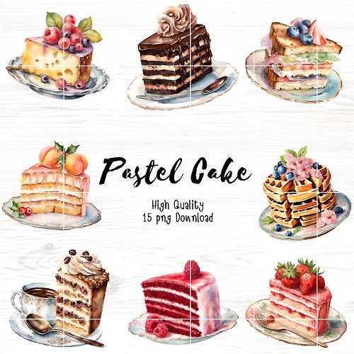 tkart1989 粉彩蛋糕水彩剪貼畫捆綁,貼紙,復古蛋糕捆綁,蛋糕甜點,蛋糕烘焙,,