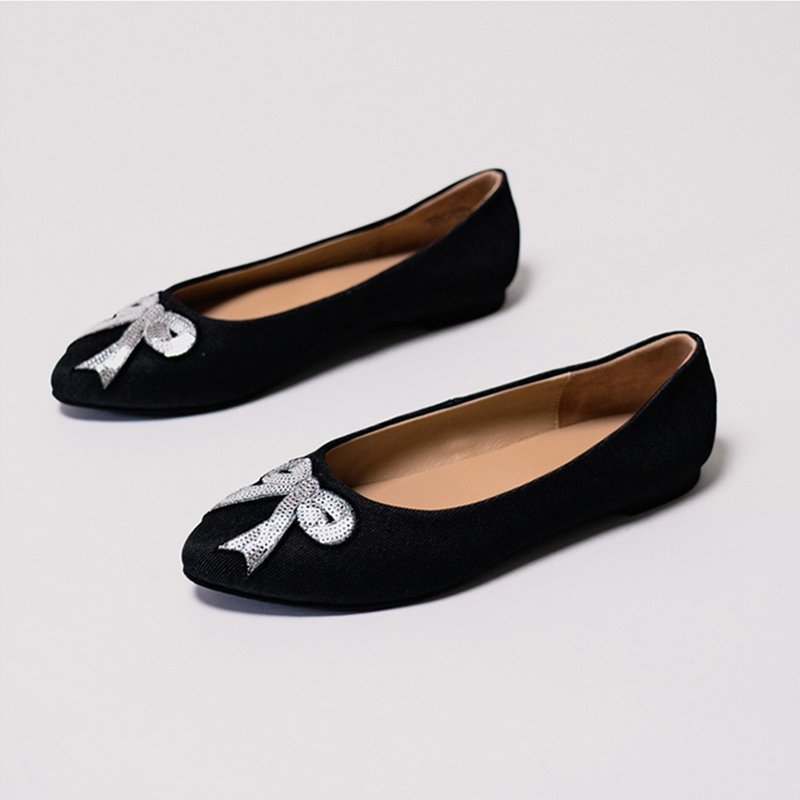 Lewis Walt commuter large size early autumn pointed toe sequin embroidered ballet flat shoes for women - รองเท้าบัลเลต์ - เส้นใยสังเคราะห์ สีดำ