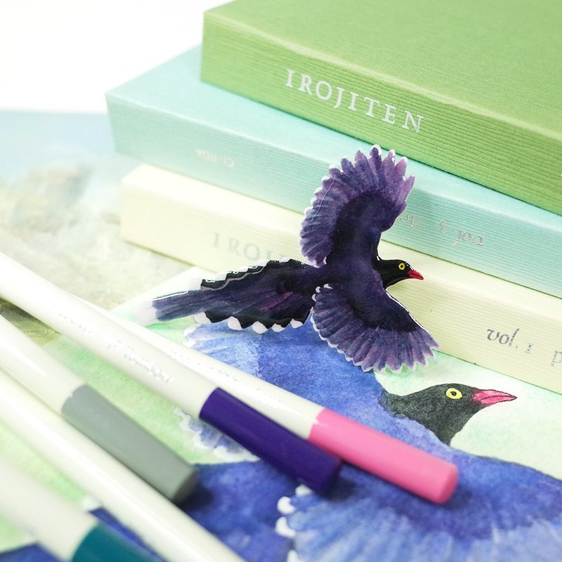 臺灣特有種 臺灣藍鵲 繪畫別針 胸針 - 胸針 - 防水材質 藍色