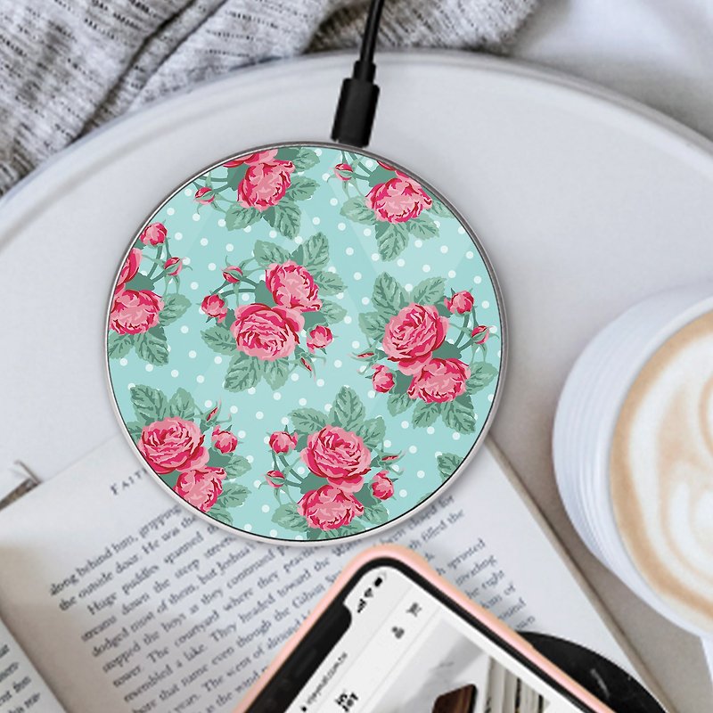 15W Blue Background Flowers Pattern French Garden Wireless Qi Charger - Phone Charger Accessories - Other Metals Blue