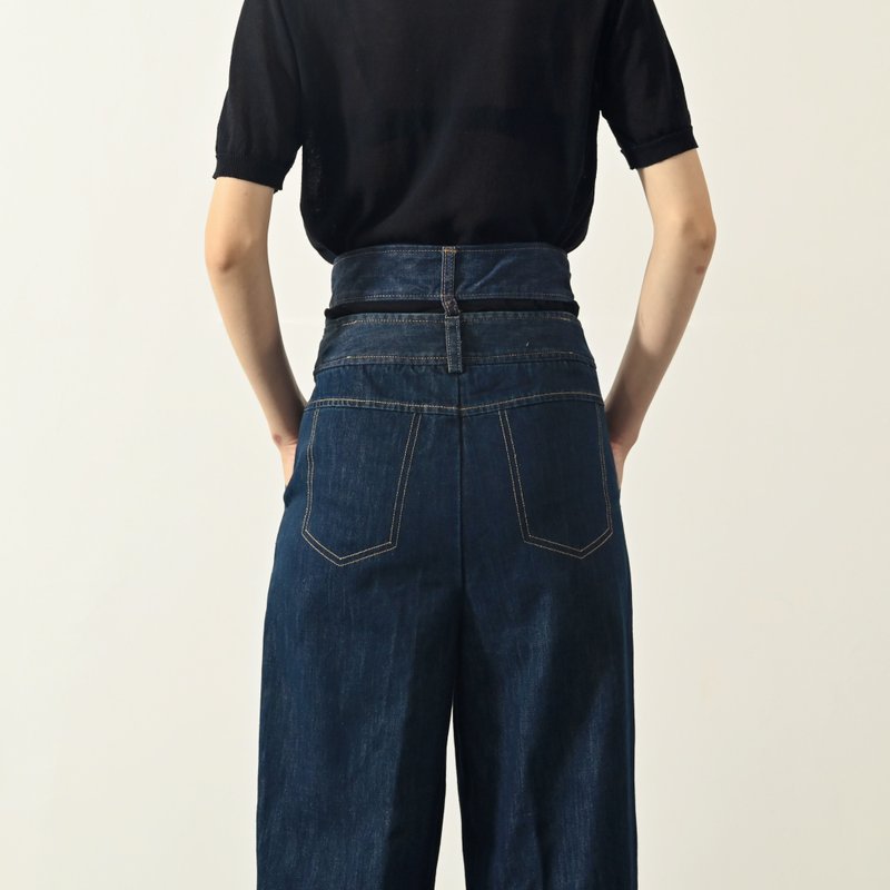 【NaSuBi Vintage】Upcycling double-layered waistband denim vintage trousers - กางเกงขายาว - ผ้าฝ้าย/ผ้าลินิน สีน้ำเงิน