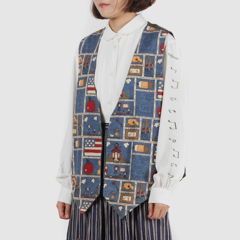 [Egg plant ancient] American language classroom printing vintage vest - เสื้อกั๊กผู้หญิง - เส้นใยสังเคราะห์ 