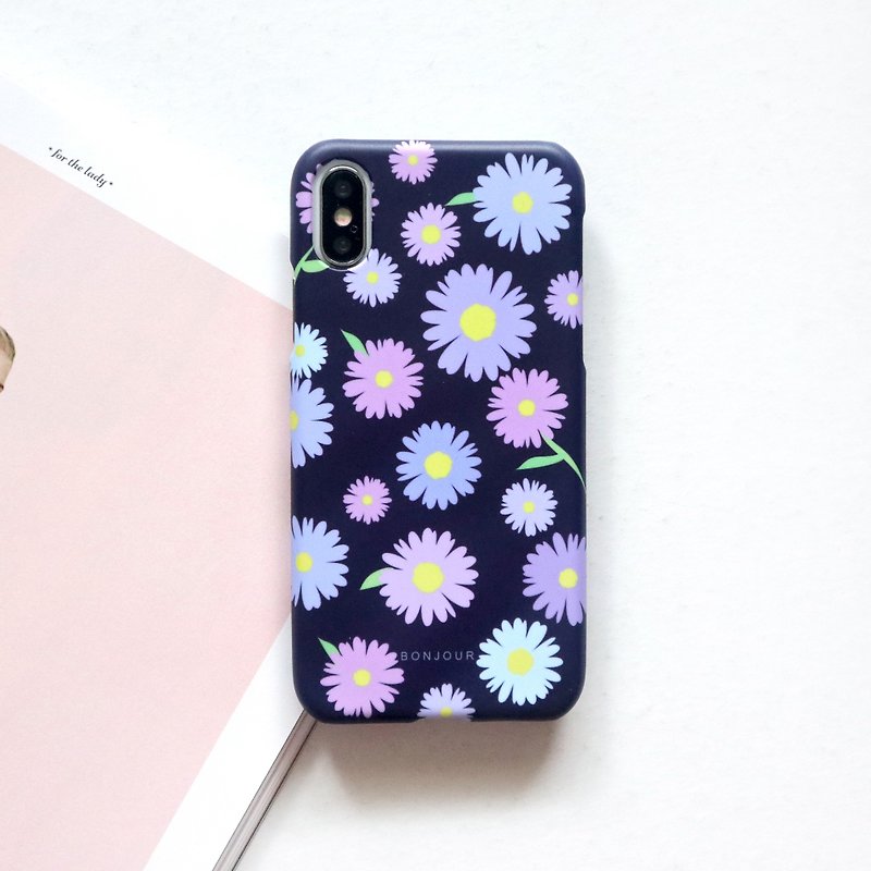 Autumn night dark blue pink chrysanthemum phone case - เคส/ซองมือถือ - พลาสติก สีม่วง