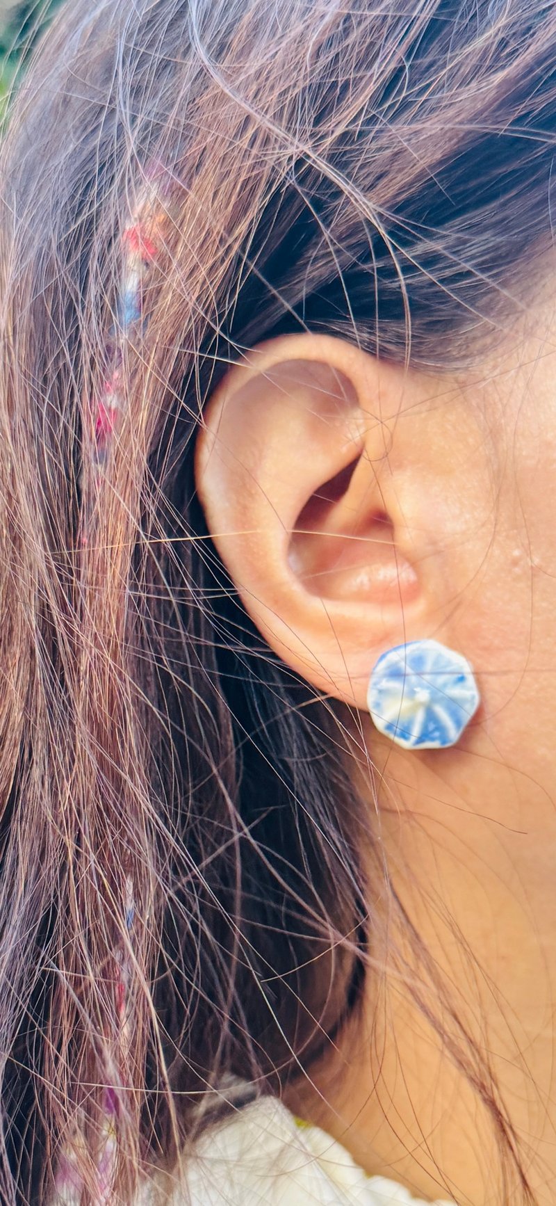 藍色小花耳環 - 耳環/耳夾/耳骨夾 - 瓷 藍色