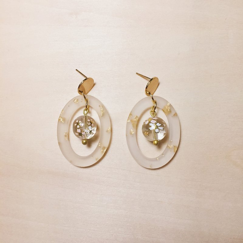 復古透明櫻花珠磨砂金箔橢圓圈圈耳環 - 耳環/耳夾 - 樹脂 透明