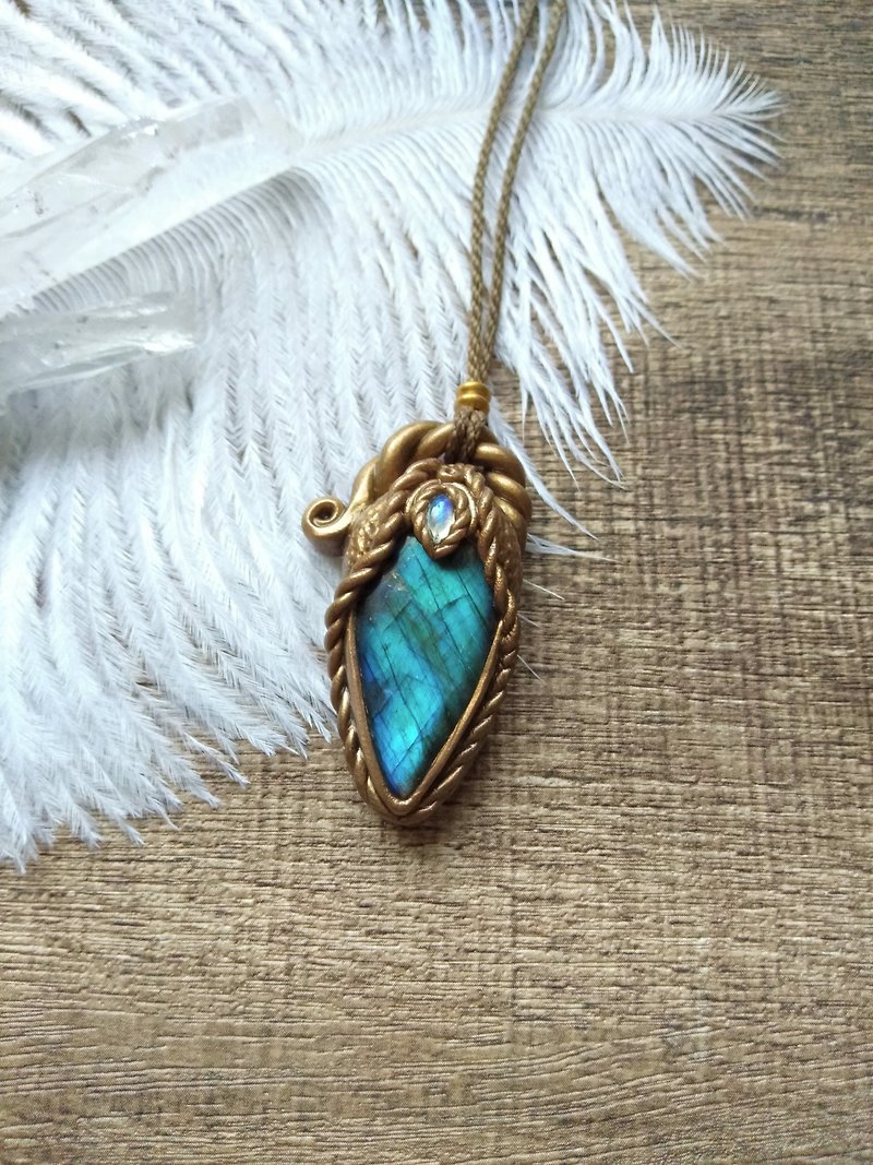 Exotic. Labradorite. moonstone. South American Wax thread braided polymer clay necklace - Necklaces - Crystal Blue