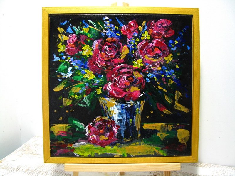 Abstract Acrylic Flower Bouquet Canvas Panel Framed Art Gift - Wall Décor - Other Materials Multicolor