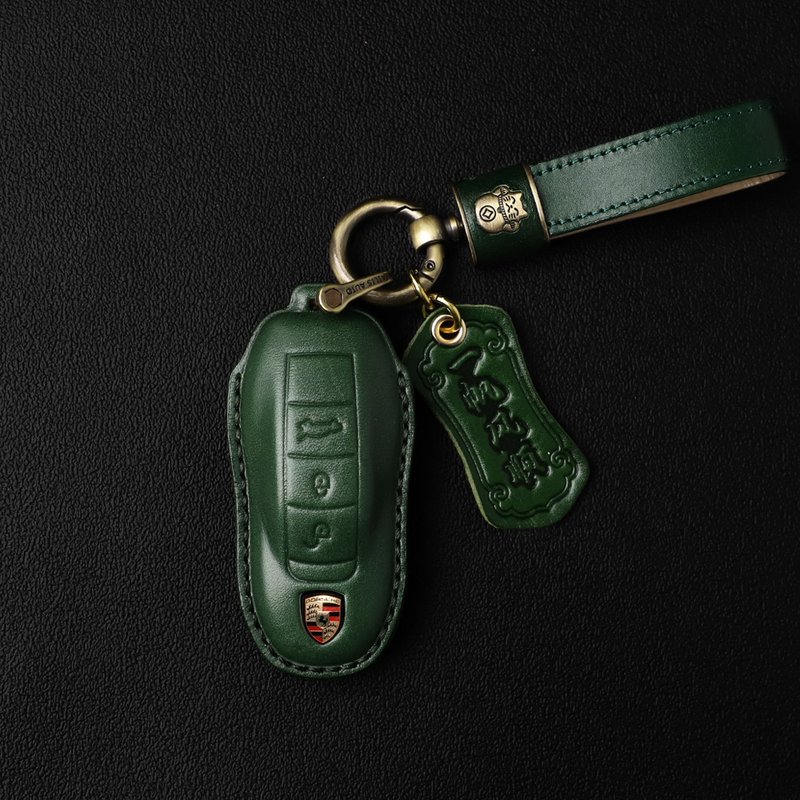 保時捷 PORSCHE 991 911 Macan Cayenne 手縫汽車鑰匙皮套 真皮 - 鑰匙圈/鑰匙包 - 真皮 綠色