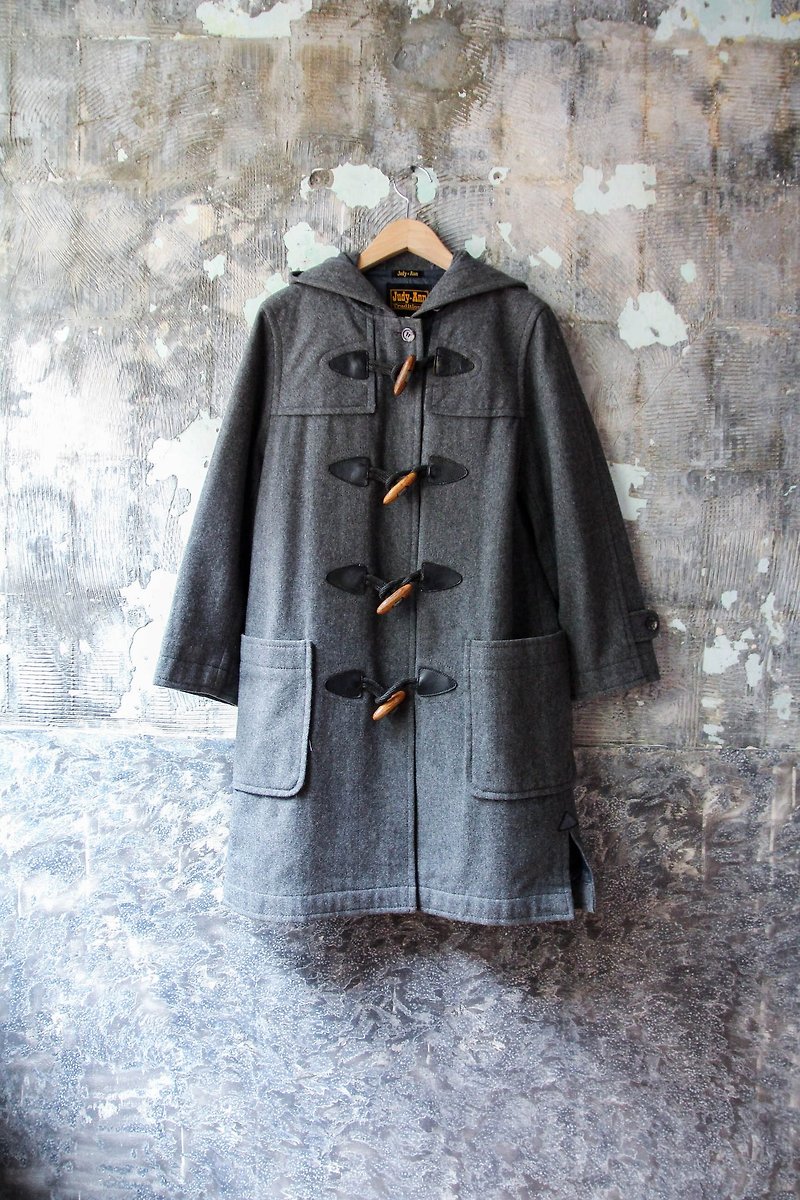 裊裊百貨公司-Vintage 灰色牛角扣大衣 外套 復古著 - 外套/大衣 - 其他人造纖維 