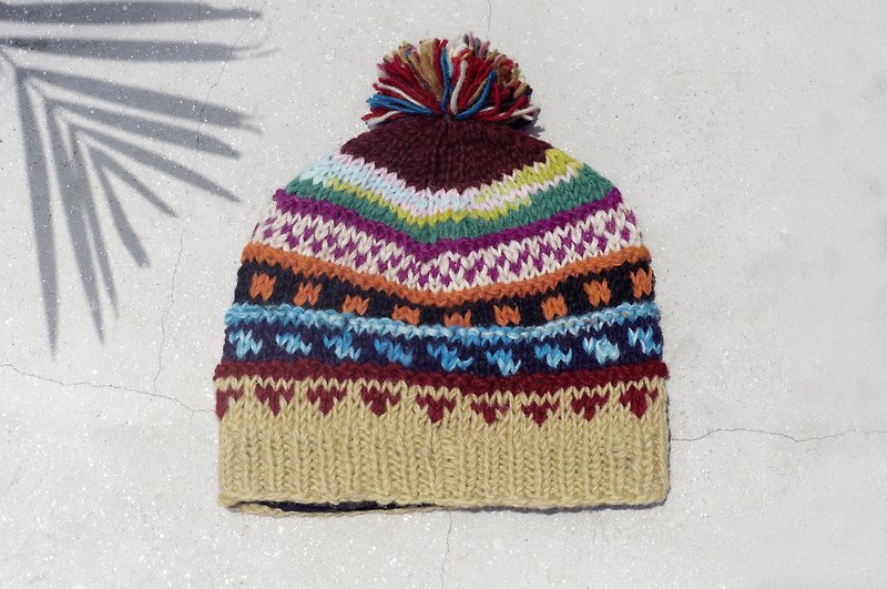 クリスマスギフト限定片手織りピュアウールハット/ニットウールハット/インナーブラシ手編みウールハット/ウールハット（ネパール製）-情熱的な南アメリカの混合色グラデーションエスニックストライプ - 帽子 - ウール 多色