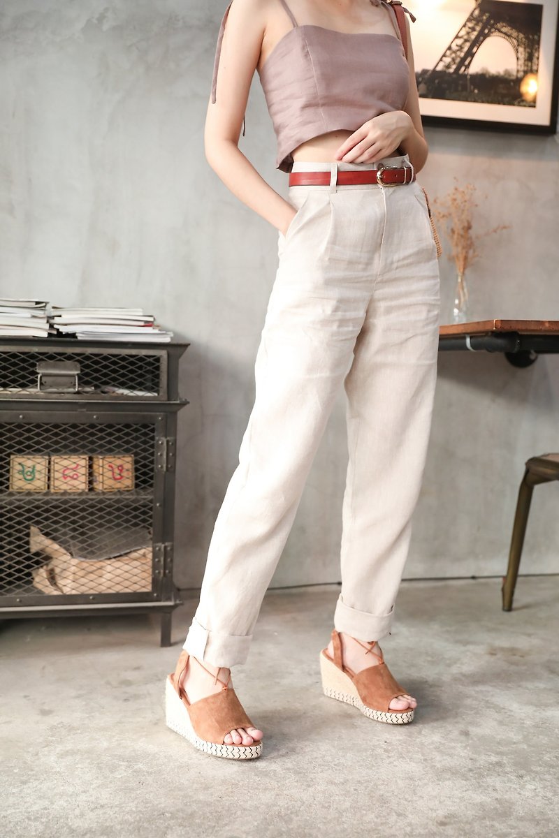 High-waist linen pants with front button - Natural color - Women's Pants - Linen White