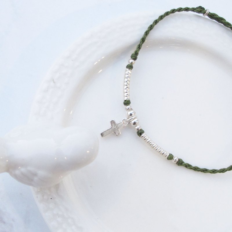 Big staff Taipa [manual silver] cross × pattern silver tube × Brazil wax rope bracelet dark green - สร้อยข้อมือ - เงินแท้ หลากหลายสี