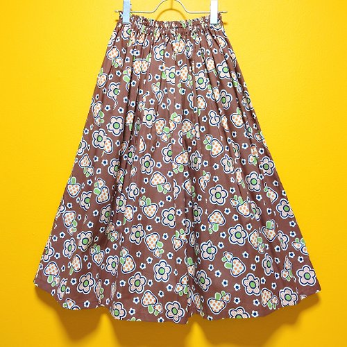 applegarden2002 Mushroom & Flower Skirt Brown / Free size / Japanese Textile / 日本製