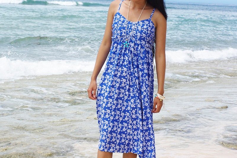 Beach style! Pedicel ribbon dress <Blue> - ชุดเดรส - วัสดุอื่นๆ สีน้ำเงิน