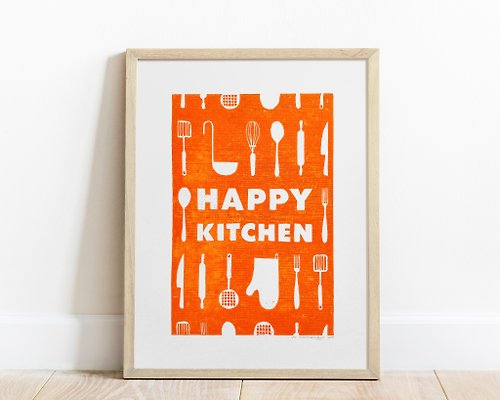 daashart Orange utensils pattern Happy kitchen sign Linocut print Simple original artwork
