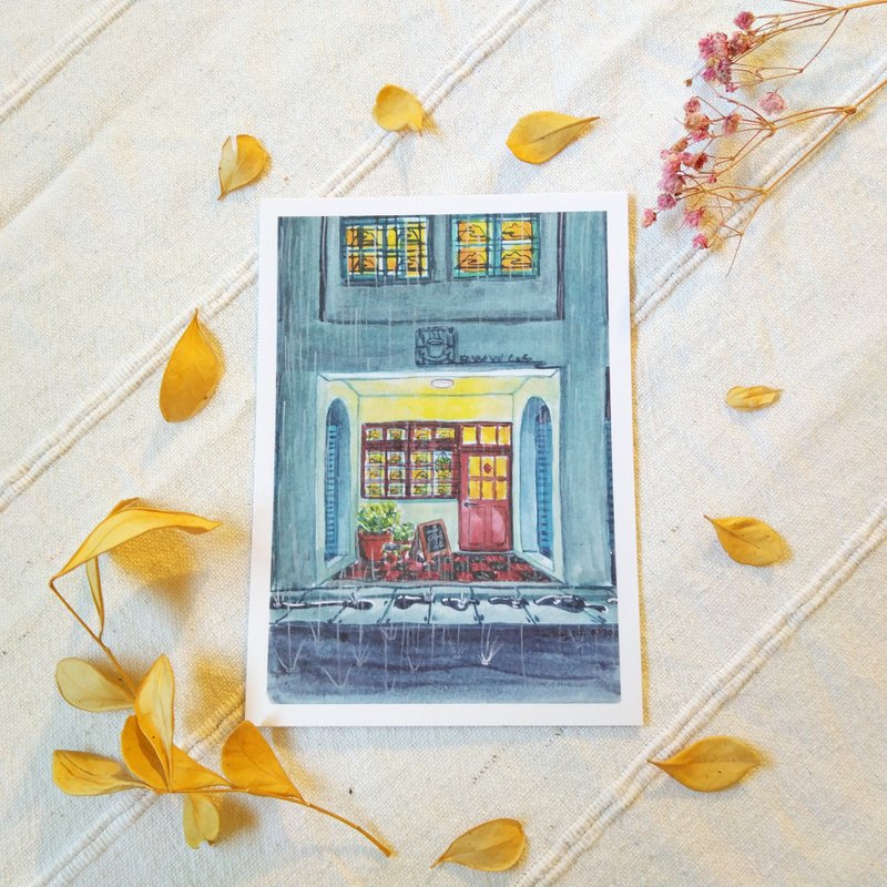 Cafe in a Rainy Night / Single Illustrated Postcard / B7 Size - Cards & Postcards - Paper Multicolor