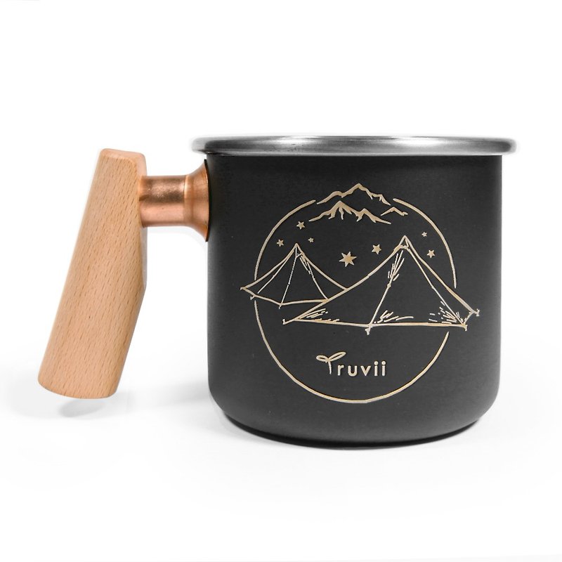 Wooden handle stainless mug 400ml (Tent Party-Black) - Mugs - Stainless Steel Black