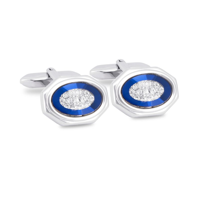Silver Octagon Blue Bezel with Crystals Cufflinks - Cuff Links - Other Metals Silver