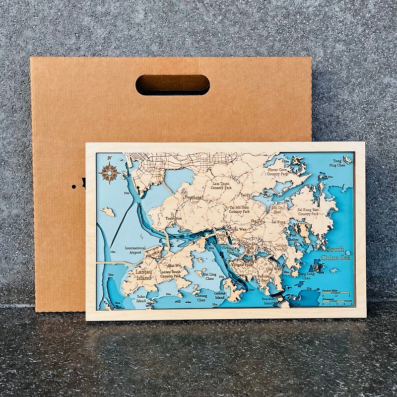 Hong Kong Multi-Layer Wooden Map - Items for Display - Wood Brown
