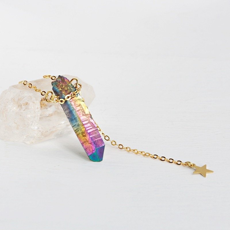 [Meteor halo] Rainbow White crystal plated brass colored stone necklace natural stone Hands personality minimalist geometry Valentine birthday anniversary banquet party to exchange gifts for Christmas - สร้อยคอ - เครื่องเพชรพลอย 