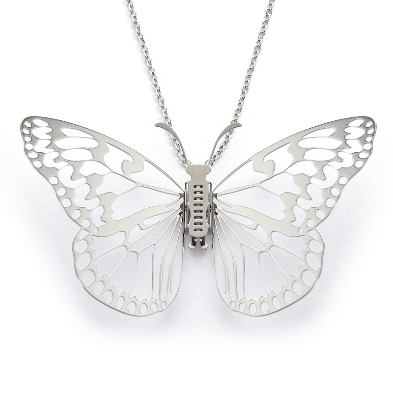 Exchangeable Wings Butterfly Necklace Large White Spot Butterfly Long Necklace (Silver) Medical Grade Thin Steel Jewelry Cultural and Creative - Long Necklaces - Other Metals Silver