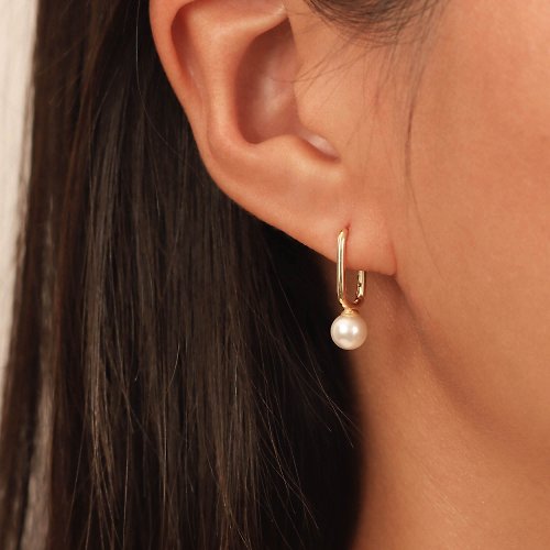 Miagoldjewel 洋氣小珍珠s925純銀個性設計長方形短款耳扣耳環 聖誕節禮物推薦