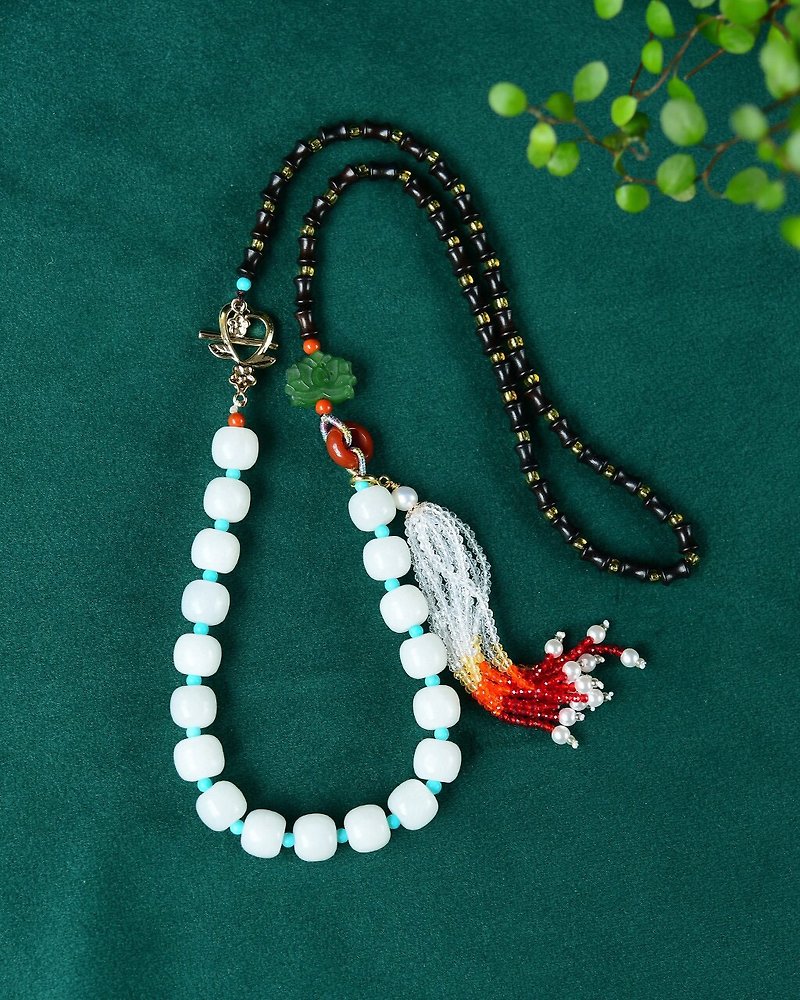 Natural Hetian White Jade Old Bead Necklace Clavicle Chain Sweater Chain with Ebony Bamboo Link Chain - สร้อยคอ - เครื่องประดับพลอย 