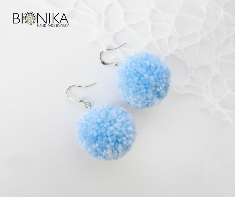 Pom pom earrings Sky Blue Gray earrings Trendy blue earring Speckled earrings - Earrings & Clip-ons - Cotton & Hemp Multicolor
