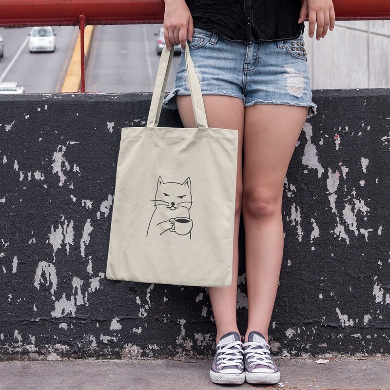 Cat Coffee 帆布環保購物袋 米白 貓咪咖啡狗趣味貓之日禮物文青 - 側背包/斜背包 - 其他材質 白色