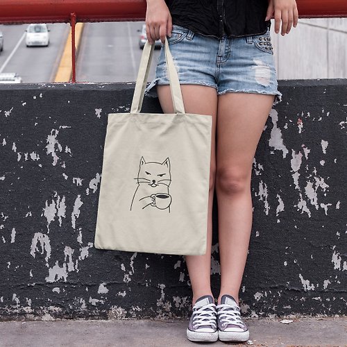 hipster Cat Coffee 帆布環保購物袋 米白 貓咪咖啡狗趣味貓之日禮物文青