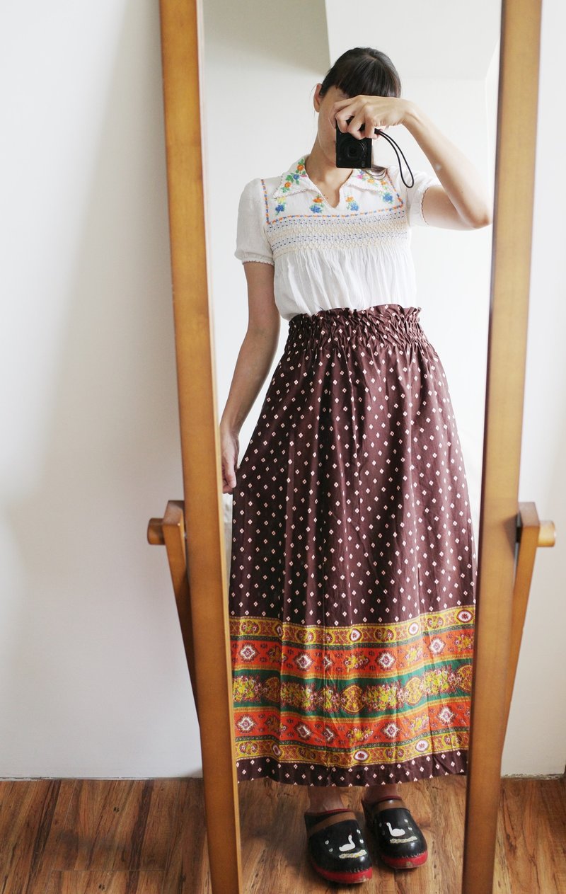 Vintage ethnic style totem waist elastic long skirt - Skirts - Cotton & Hemp 