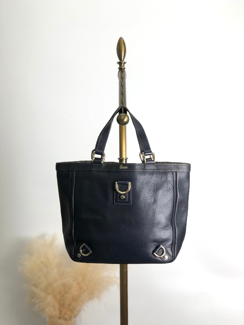 【 日本直送　名牌中古包 】GUCCI グッチ トートバッグ ダークネイビー ホースビット レザー vintage ヴィンテージ オールド kftpgd - 手提包/手提袋 - 真皮 藍色