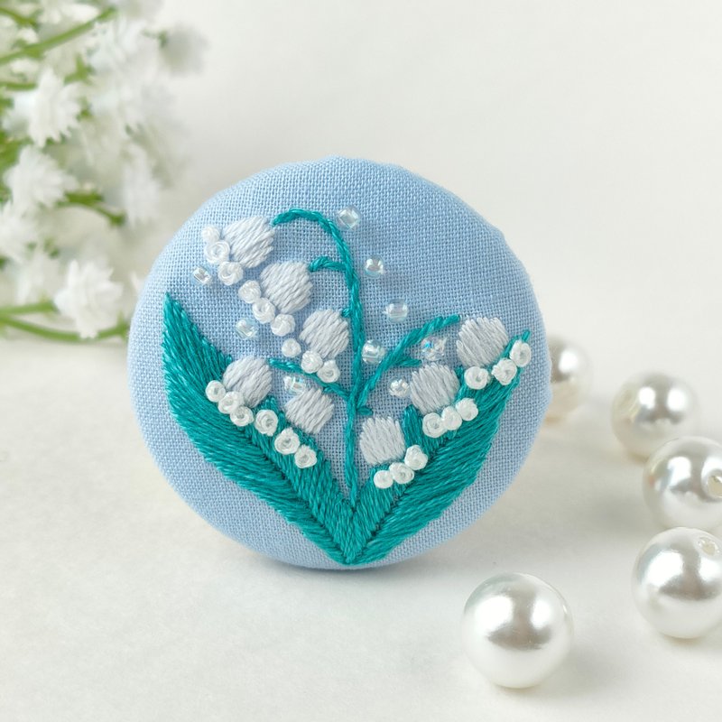 Lily of the valley embroidered brooch or embroidered hair tie - Brooches - Cotton & Hemp Blue