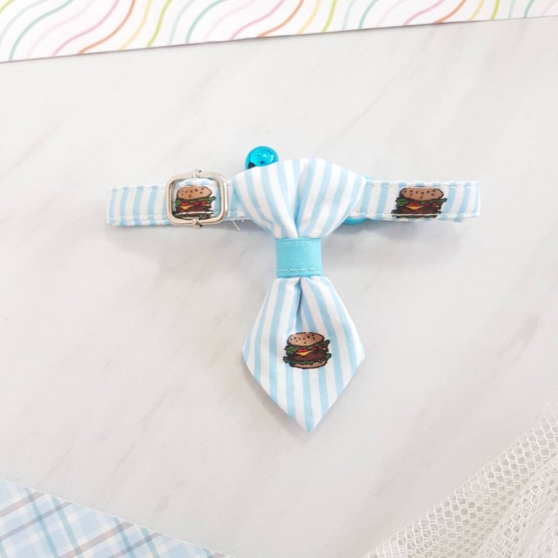 Hamburger strip fabric Cat Necktie Collar with Breakaway Safety Buckle - 項圈/牽繩 - 棉．麻 藍色