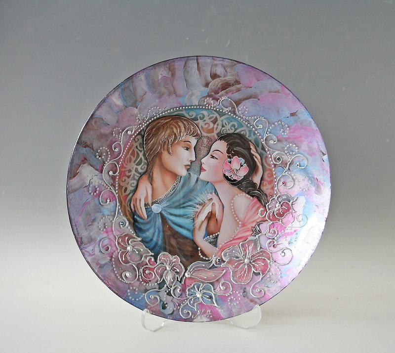 Love Gift Decorative Plate Wall Art, hand Painting and  Decoupage Under Glass - ตกแต่งผนัง - แก้ว สึชมพู