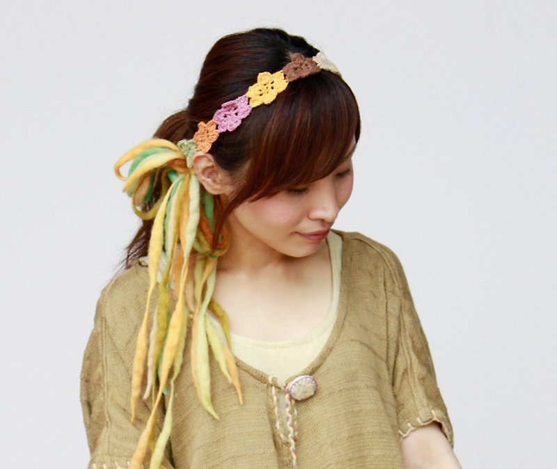 Flower crochet hair ribbon - Hair Accessories - Cotton & Hemp Yellow