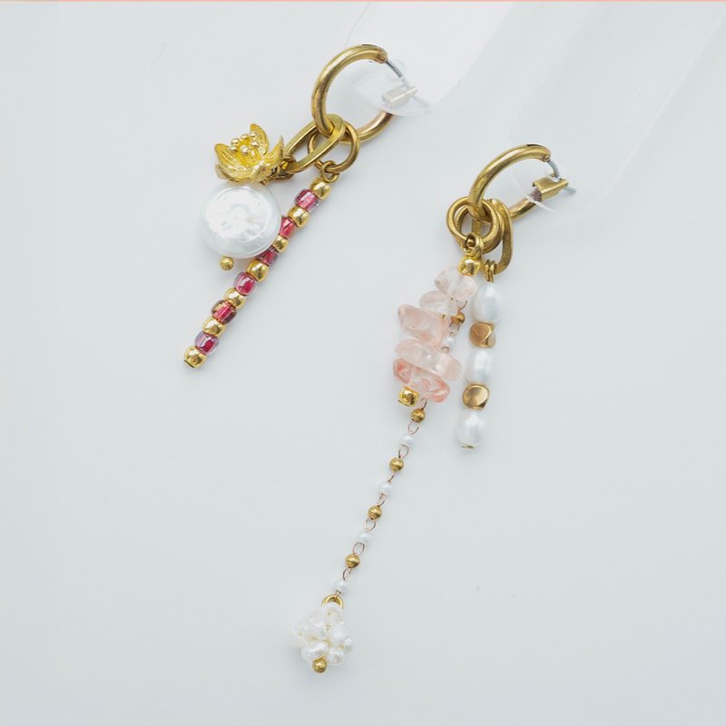 【聖誕禮物】Lapis | Ruby Blooms * 紅色 花 珍珠 耳環 耳骨夾 - 耳環/耳夾 - 銅/黃銅 粉紅色